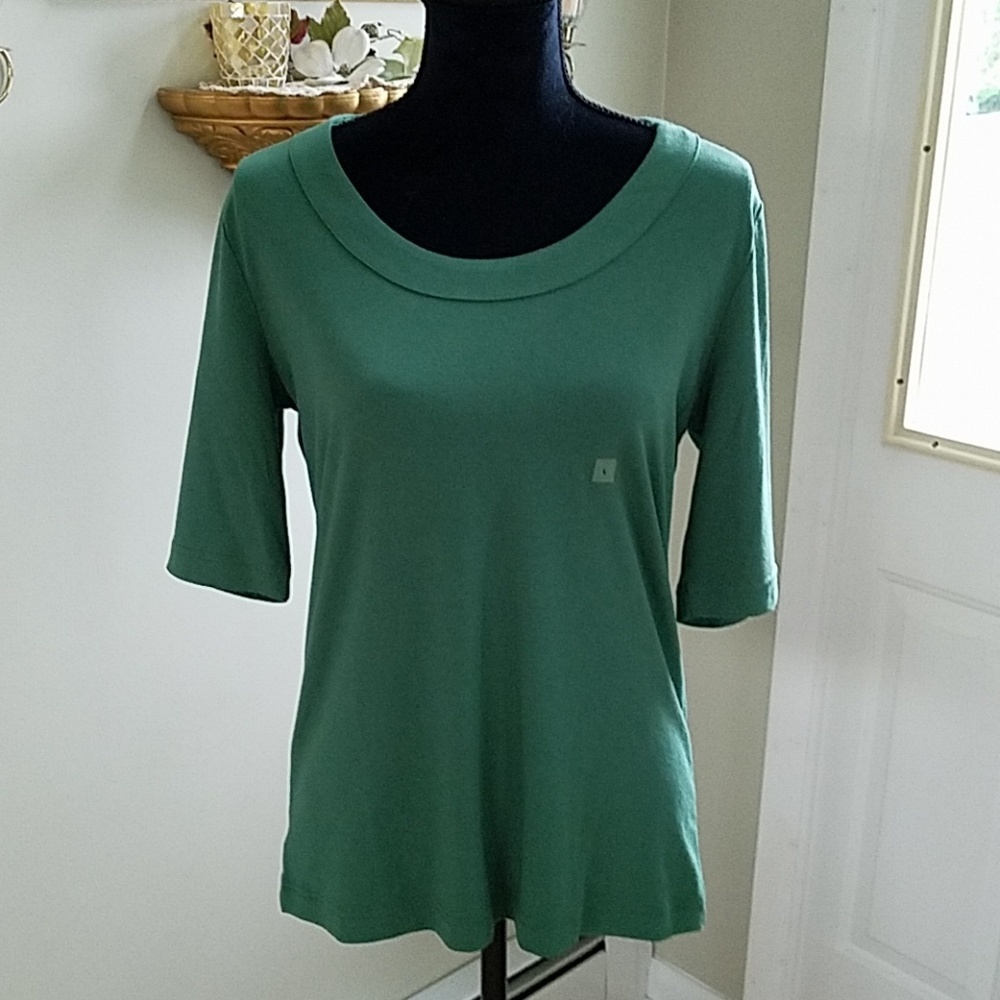 Ann Taylor Factory Green Scoop Neck Elbow Sleeve Top